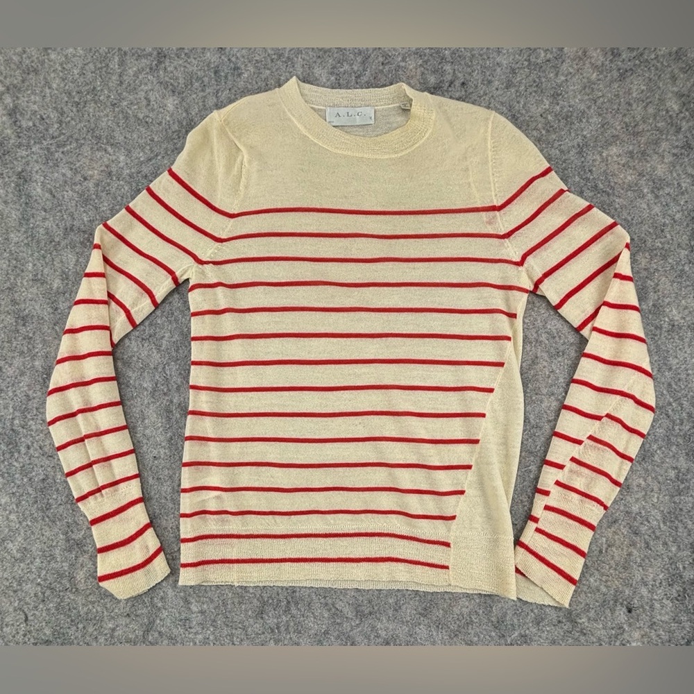 A.L.C. | 'Faye' | Asymmetrical Striped Wool Sweater | Red and Cream | Size Med